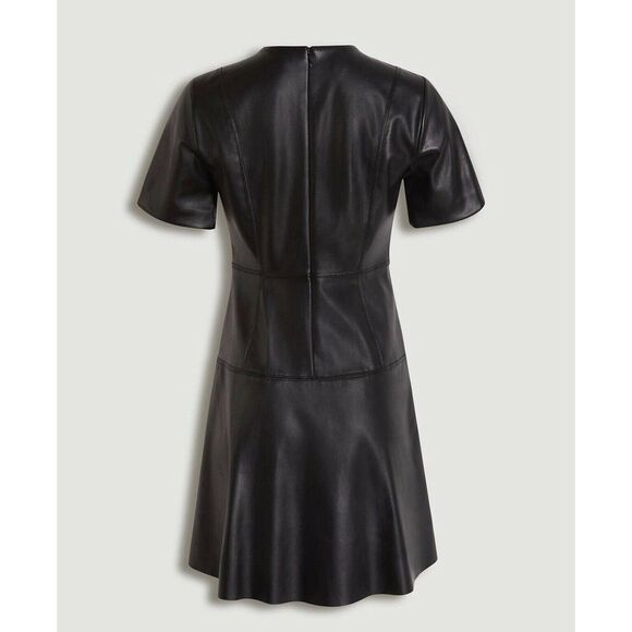 Black Ann Taylor Faux Leather Fit-and-Flare Short Sleeve Dress (NWT) - Picture 3 of 4